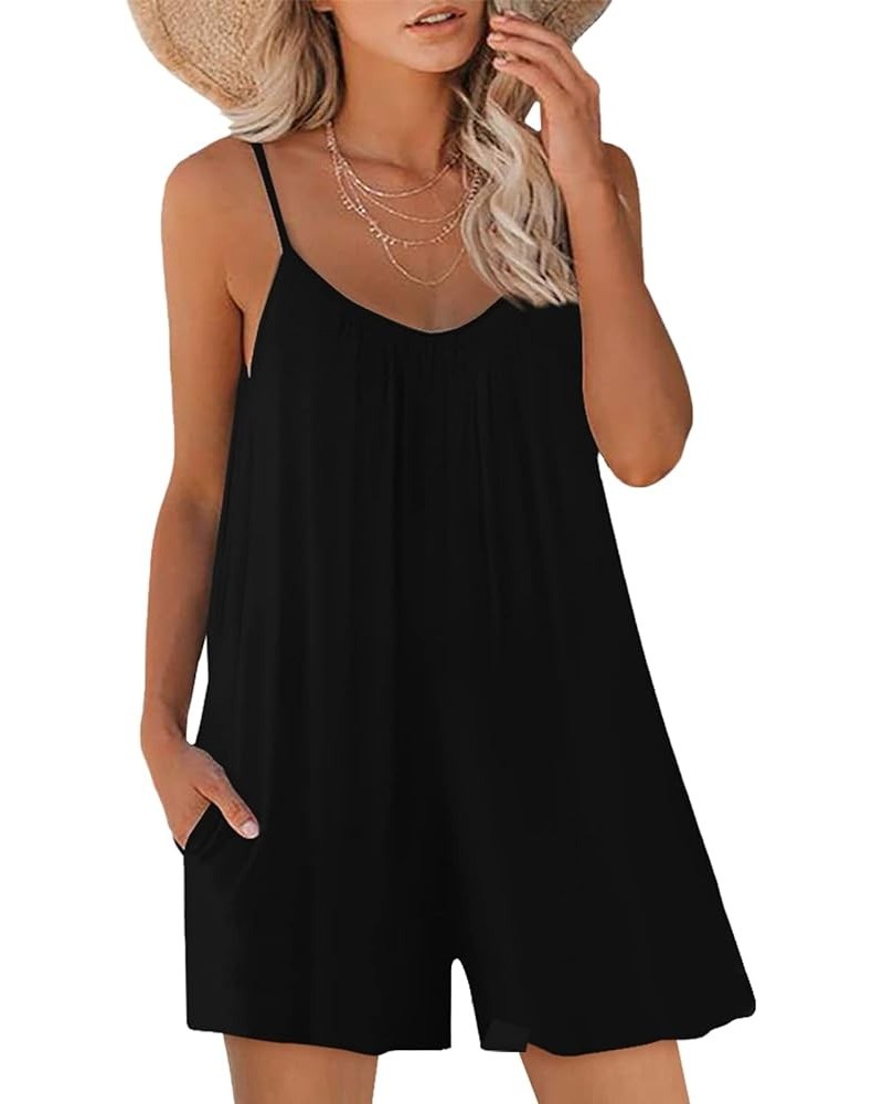 Womens Casual Sleeveless Strap Loose Adjustable Jumpsuits Stretchy Shorts Romper with Pockets A Black $18.99 Jumpsuits