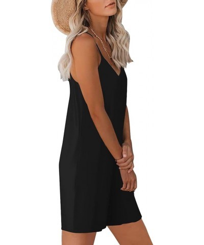 Womens Casual Sleeveless Strap Loose Adjustable Jumpsuits Stretchy Shorts Romper with Pockets A Black $18.99 Jumpsuits