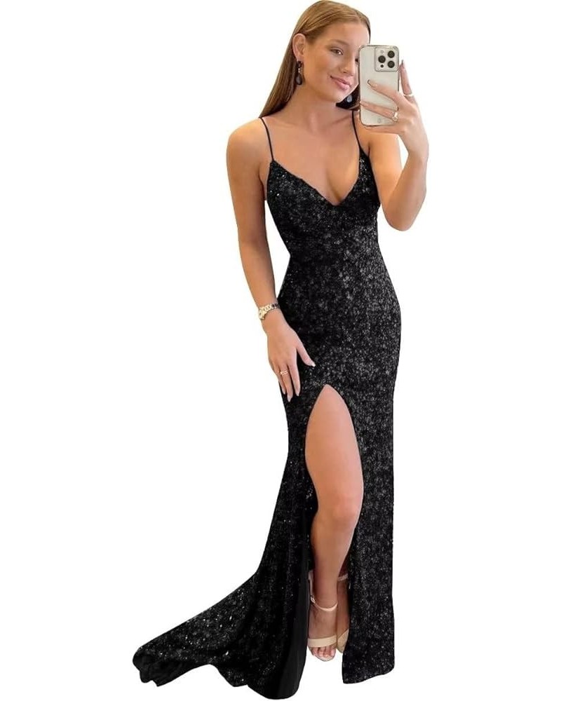 Spaghetti Straps Prom Dress V Neck Mermaid Formal Evening Dresses with Slit Sparkly Sequin Party Dress for Women Black $25.64...