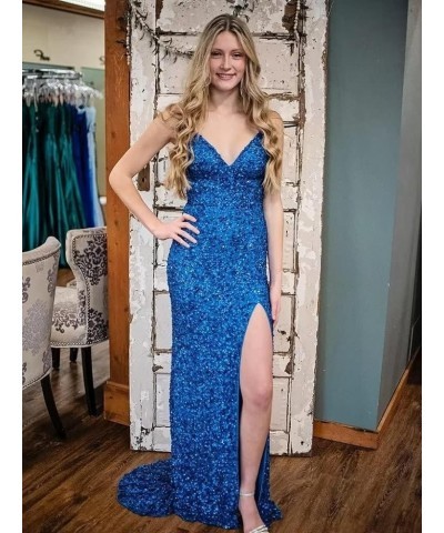 Spaghetti Straps Prom Dress V Neck Mermaid Formal Evening Dresses with Slit Sparkly Sequin Party Dress for Women Black $25.64...