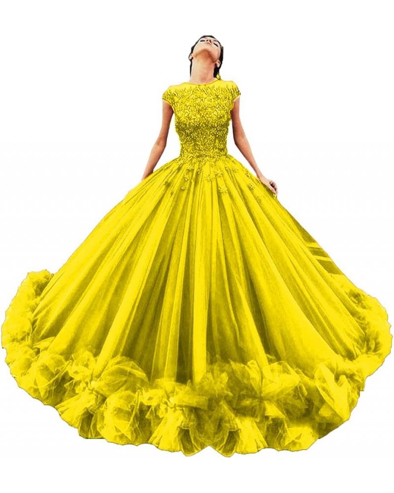 Women's Tulle Beaded Quinceanera Dresses Lace Appliques Cap Sleeves Ball Gowns Yellow $62.64 Dresses