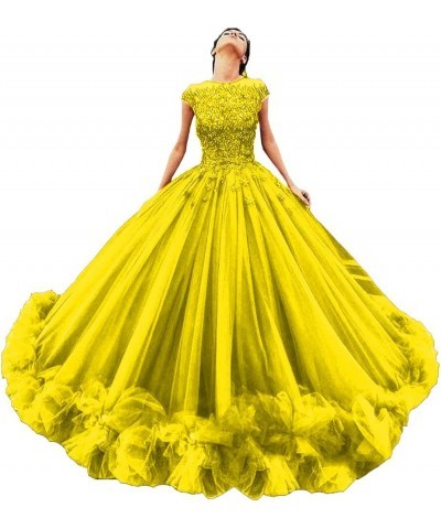 Women's Tulle Beaded Quinceanera Dresses Lace Appliques Cap Sleeves Ball Gowns Yellow $62.64 Dresses