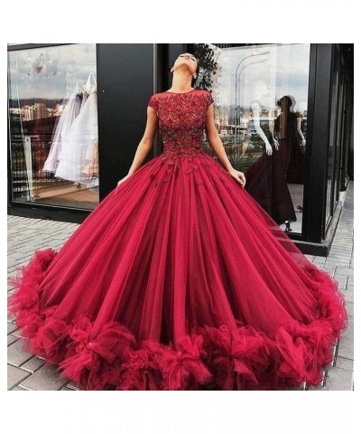 Women's Tulle Beaded Quinceanera Dresses Lace Appliques Cap Sleeves Ball Gowns Yellow $62.64 Dresses