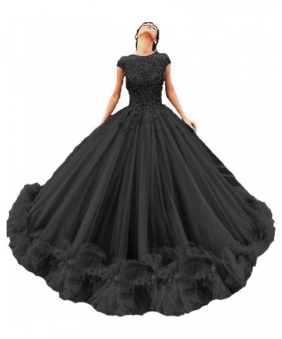 Women's Tulle Beaded Quinceanera Dresses Lace Appliques Cap Sleeves Ball Gowns Yellow $62.64 Dresses