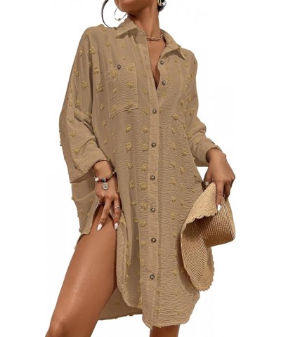 Women Swimsuit Coverup Blouse Button Down Shirt Dresses Swiss Dot Tops Khaki $18.86 Swimsuits