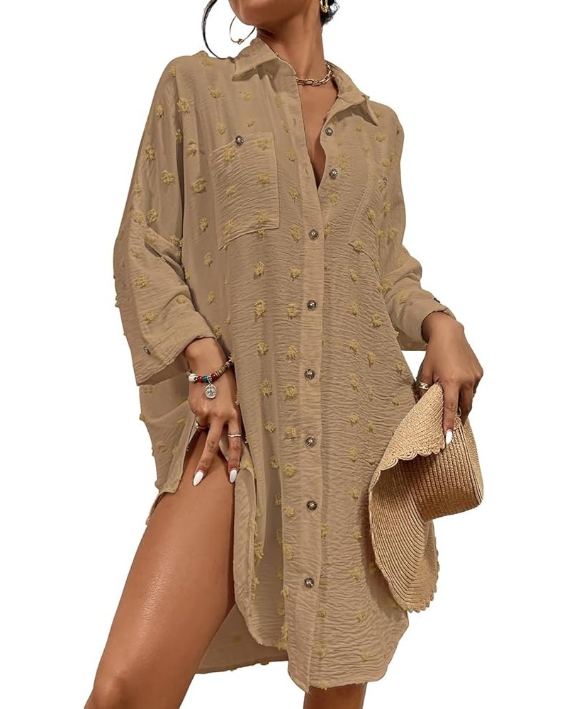 Women Swimsuit Coverup Blouse Button Down Shirt Dresses Swiss Dot Tops Khaki $18.86 Swimsuits