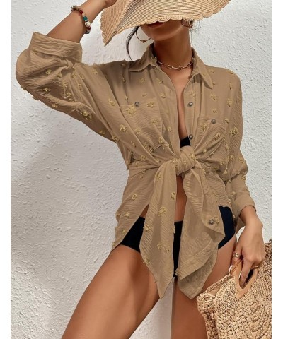 Women Swimsuit Coverup Blouse Button Down Shirt Dresses Swiss Dot Tops Khaki $18.86 Swimsuits