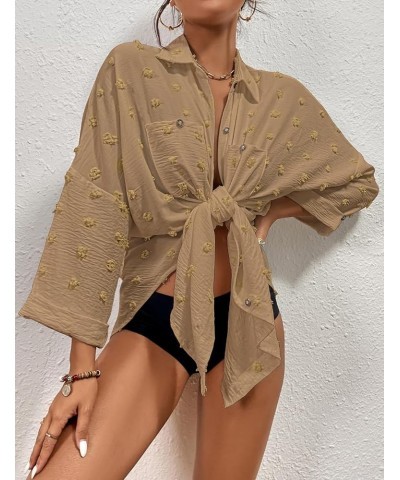 Women Swimsuit Coverup Blouse Button Down Shirt Dresses Swiss Dot Tops Khaki $18.86 Swimsuits