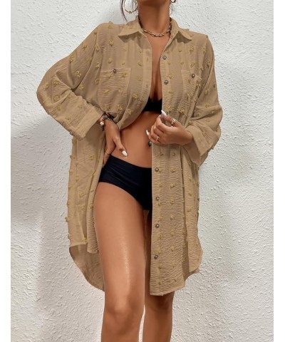 Women Swimsuit Coverup Blouse Button Down Shirt Dresses Swiss Dot Tops Khaki $18.86 Swimsuits