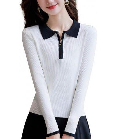 Women's Casual Stripe Lapel Sweater Long Sleeve Knit Shirts Tops 24596 White $14.24 Tops