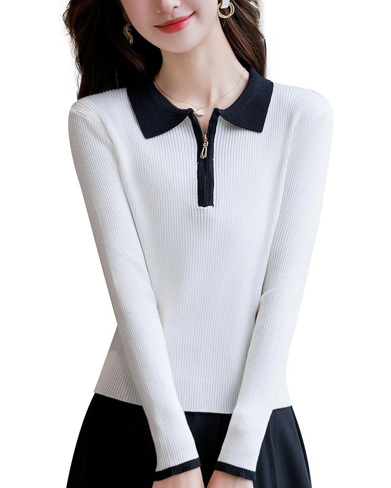 Women's Casual Stripe Lapel Sweater Long Sleeve Knit Shirts Tops 24596 White $14.24 Tops