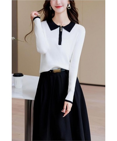 Women's Casual Stripe Lapel Sweater Long Sleeve Knit Shirts Tops 24596 White $14.24 Tops