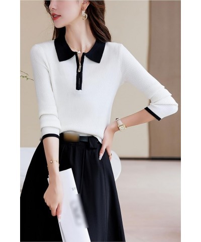 Women's Casual Stripe Lapel Sweater Long Sleeve Knit Shirts Tops 24596 White $14.24 Tops