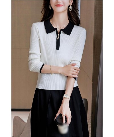 Women's Casual Stripe Lapel Sweater Long Sleeve Knit Shirts Tops 24596 White $14.24 Tops