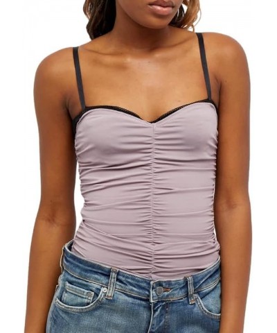 Women Y2k Lace Patchwork Sheer Mesh Camis Ruched See Though Spaghetti Strap Top Slim Fit Crop Camisole Vests T-pink Twenty $7...