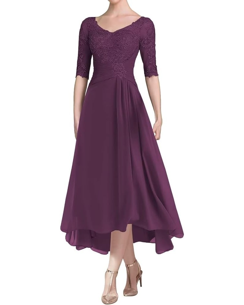 Tea Length Mother of The Bride Dresses with Sleeves Laces Appliques Ruched Chiffon Formal Evening Gowns Plum $35.25 Dresses