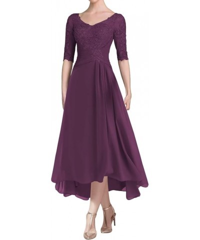 Tea Length Mother of The Bride Dresses with Sleeves Laces Appliques Ruched Chiffon Formal Evening Gowns Plum $35.25 Dresses