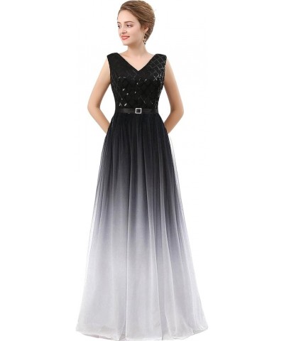 V Neck Long Sequined Chiffon A Line Corset Prom Evening Dresses Black White $42.84 Dresses