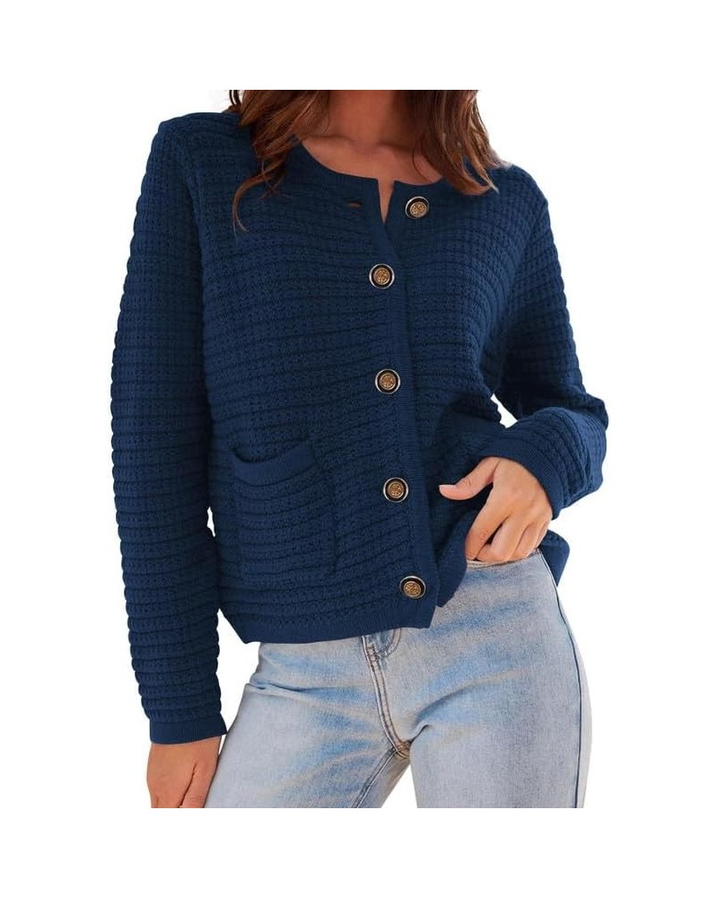 Women's Knit Cardigan Sweaters Open Front Button Down Long Sleeve Pockets Casual Slim Knitted Shirt Outerwear Navy Bule $16.5...