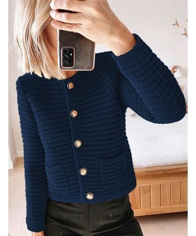 Women's Knit Cardigan Sweaters Open Front Button Down Long Sleeve Pockets Casual Slim Knitted Shirt Outerwear Navy Bule $16.5...