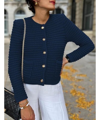 Women's Knit Cardigan Sweaters Open Front Button Down Long Sleeve Pockets Casual Slim Knitted Shirt Outerwear Navy Bule $16.5...