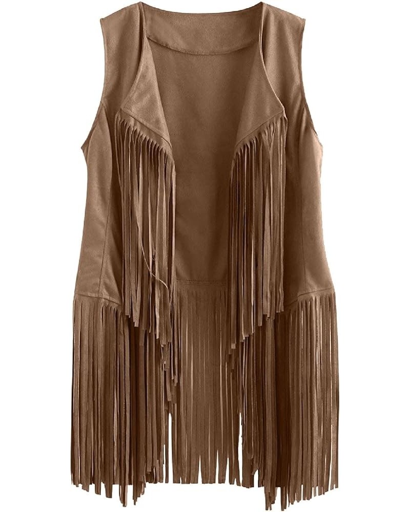 Women's Tassels Vest Sleeveless Cardigan Fringe Waistcoat Jacket 70s Hippie Faux Suede Outwear Tops for Autumn Winter Khaki $...