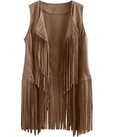 Women's Tassels Vest Sleeveless Cardigan Fringe Waistcoat Jacket 70s Hippie Faux Suede Outwear Tops for Autumn Winter Khaki $...