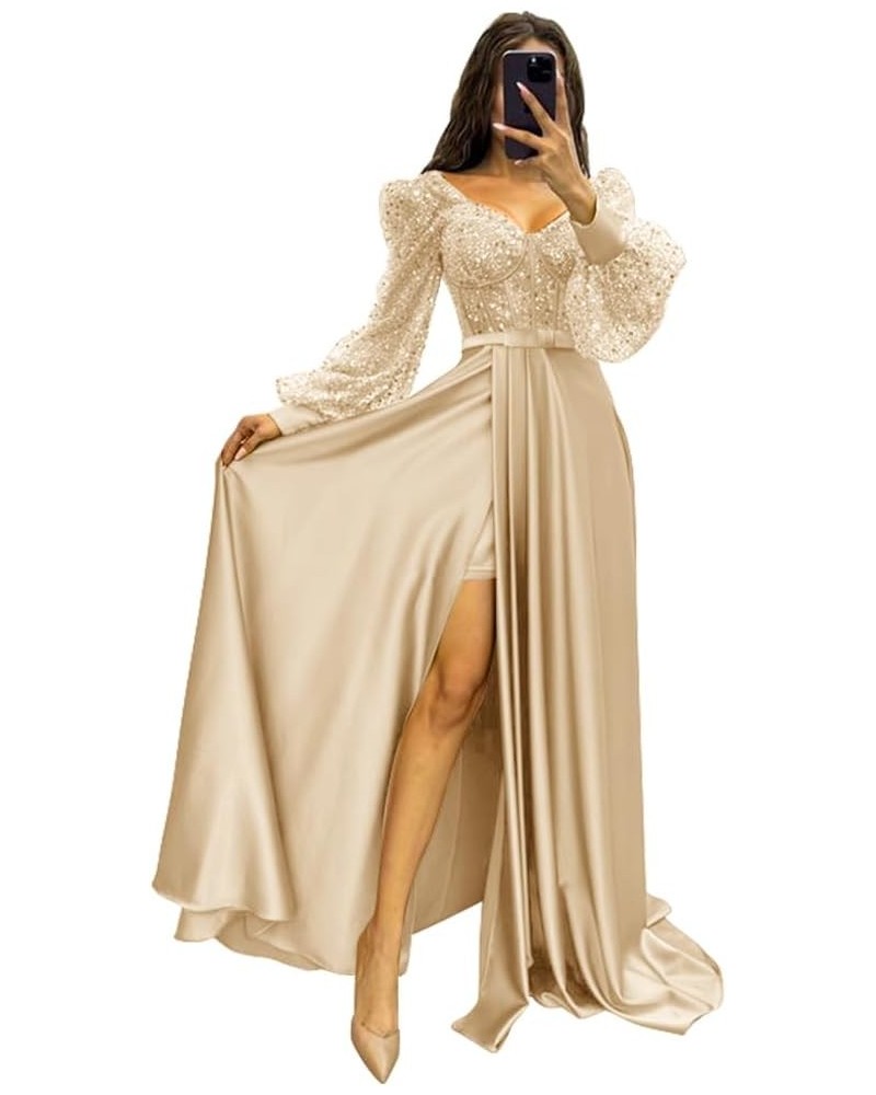 Long Sleeve Sequin Prom Dresses with Slit Satin Formal Evening Party Gowns for Women Champagne $33.58 Dresses