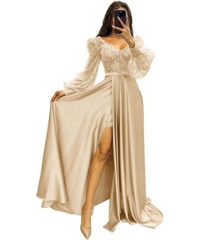 Long Sleeve Sequin Prom Dresses with Slit Satin Formal Evening Party Gowns for Women Champagne $33.58 Dresses