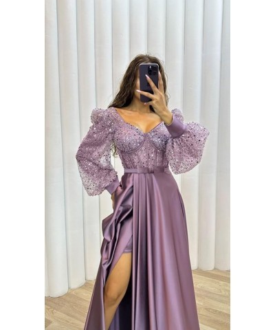 Long Sleeve Sequin Prom Dresses with Slit Satin Formal Evening Party Gowns for Women Champagne $33.58 Dresses