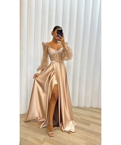 Long Sleeve Sequin Prom Dresses with Slit Satin Formal Evening Party Gowns for Women Champagne $33.58 Dresses