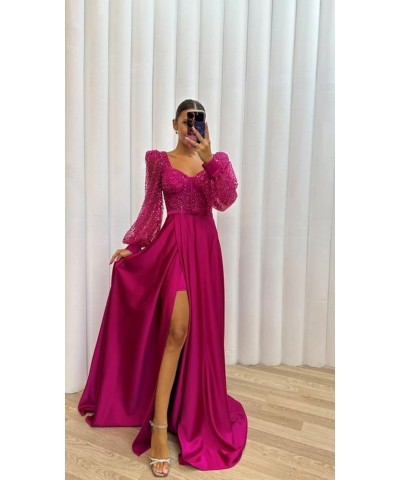 Long Sleeve Sequin Prom Dresses with Slit Satin Formal Evening Party Gowns for Women Champagne $33.58 Dresses