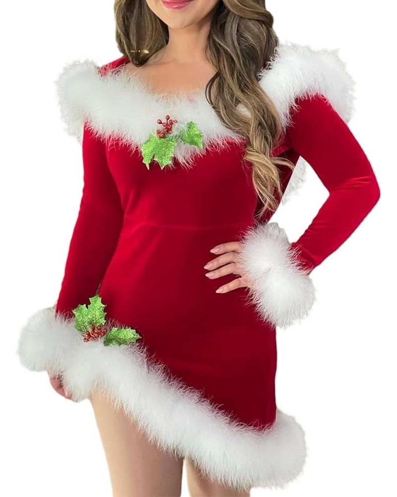 Women Furry Trim Hooded Short Christmas Dress Fluffy Low Cut Bodycon Mini Dress Y2K Sexy Xmas Party Dress Clubwear O-red $9.6...