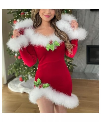 Women Furry Trim Hooded Short Christmas Dress Fluffy Low Cut Bodycon Mini Dress Y2K Sexy Xmas Party Dress Clubwear O-red $9.6...