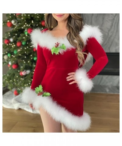 Women Furry Trim Hooded Short Christmas Dress Fluffy Low Cut Bodycon Mini Dress Y2K Sexy Xmas Party Dress Clubwear O-red $9.6...