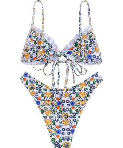 Women's Triangle Bikini Floral Ruffles Bow Tie Up Bikini Set Two Piece Swimsuit A-yellow $15.96 Swimsuits