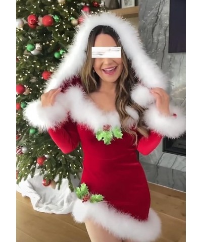 Women Furry Trim Hooded Short Christmas Dress Fluffy Low Cut Bodycon Mini Dress Y2K Sexy Xmas Party Dress Clubwear O-red $9.6...