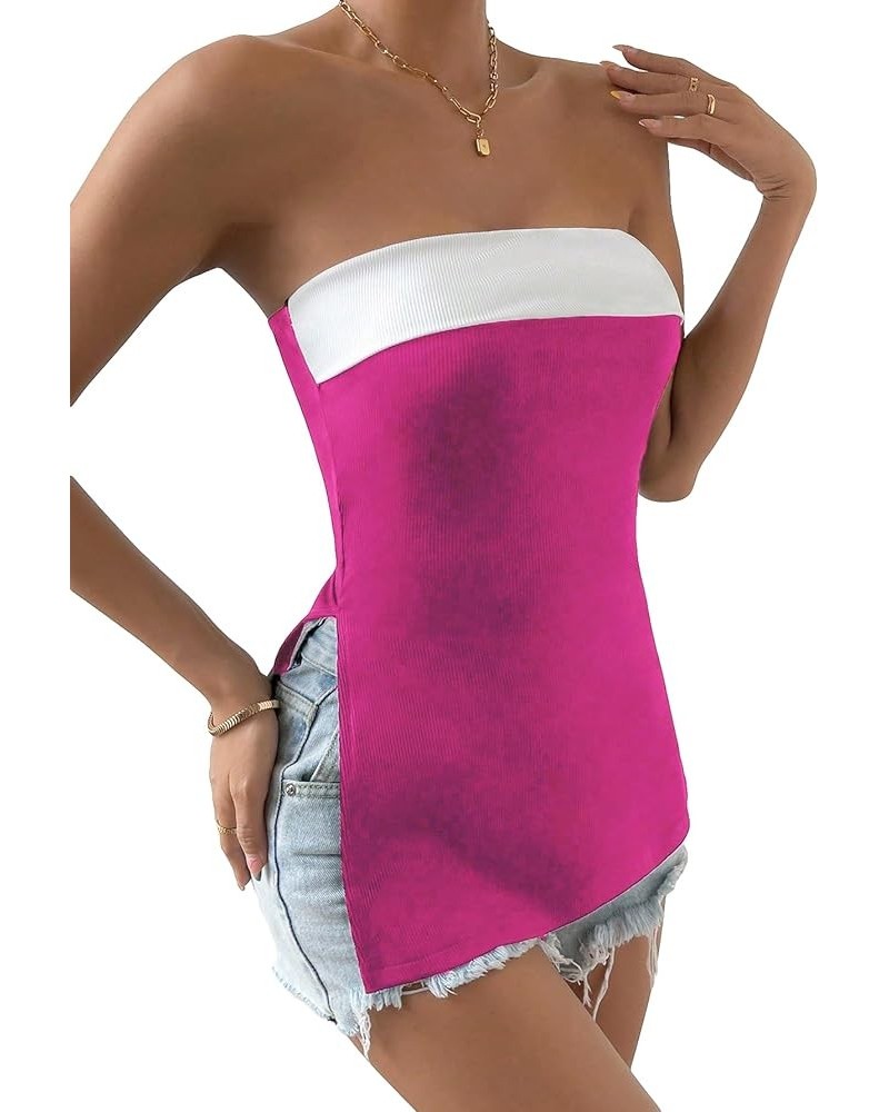 Women's Color Block Split Hem Tube Top Strapless Sleeveless Tops Hotpink and White $11.89 Tanks