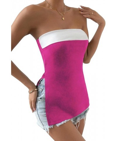 Women's Color Block Split Hem Tube Top Strapless Sleeveless Tops Hotpink and White $11.89 Tanks