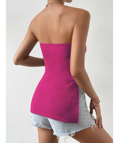 Women's Color Block Split Hem Tube Top Strapless Sleeveless Tops Hotpink and White $11.89 Tanks