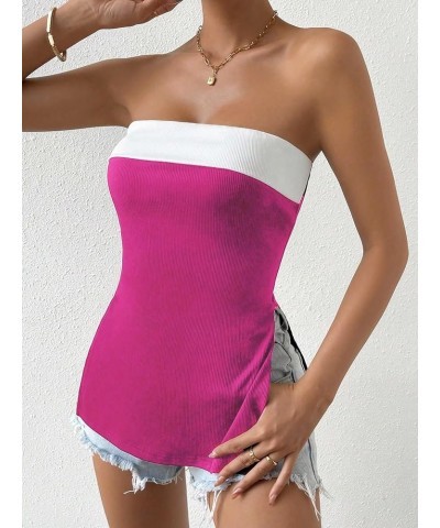 Women's Color Block Split Hem Tube Top Strapless Sleeveless Tops Hotpink and White $11.89 Tanks