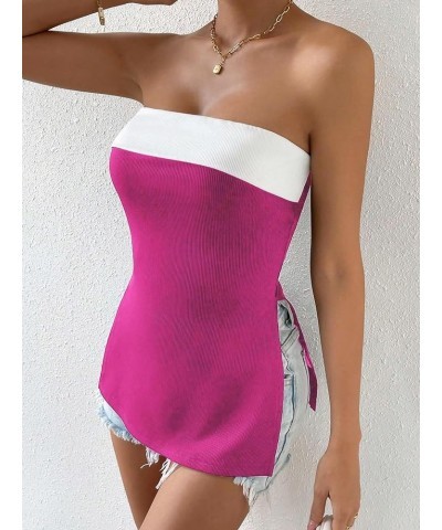 Women's Color Block Split Hem Tube Top Strapless Sleeveless Tops Hotpink and White $11.89 Tanks