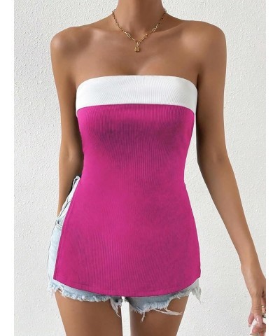 Women's Color Block Split Hem Tube Top Strapless Sleeveless Tops Hotpink and White $11.89 Tanks