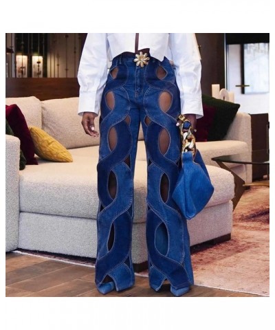 Women Wide Leg Jeans High Waist Baggy Jeans Loose Jeans Y2K Hollow Out Ripped Jeans Distressed Denim Pants Navy $33.75 Jeans