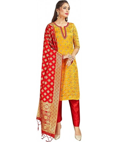 Indian Pakistani Women's Readymade Salwar Kameez Banarasi Art Silk Woven Dress Silk Dupatta Stitched Suit Yellow $26.84 Dresses