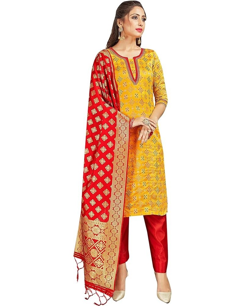 Indian Pakistani Women's Readymade Salwar Kameez Banarasi Art Silk Woven Dress Silk Dupatta Stitched Suit Yellow $26.84 Dresses