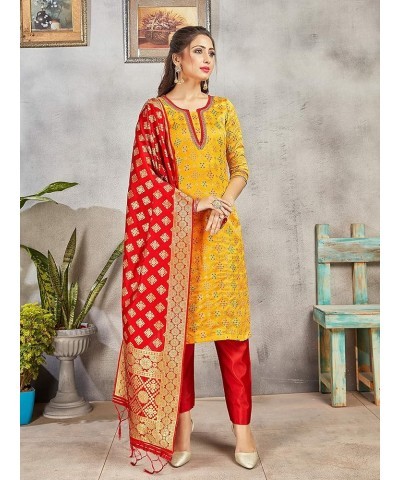 Indian Pakistani Women's Readymade Salwar Kameez Banarasi Art Silk Woven Dress Silk Dupatta Stitched Suit Yellow $26.84 Dresses