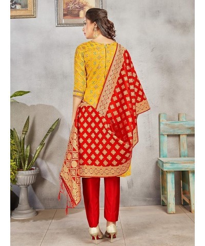 Indian Pakistani Women's Readymade Salwar Kameez Banarasi Art Silk Woven Dress Silk Dupatta Stitched Suit Yellow $26.84 Dresses