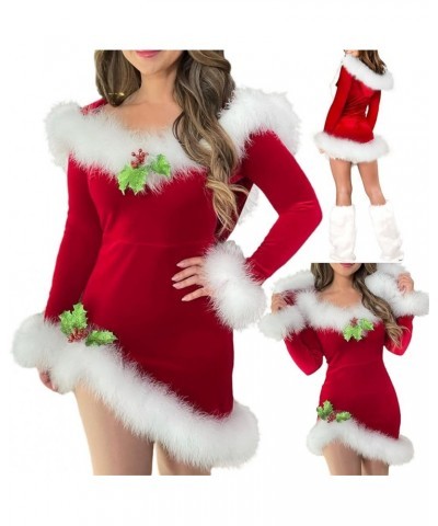 Women Furry Trim Hooded Short Christmas Dress Fluffy Low Cut Bodycon Mini Dress Y2K Sexy Xmas Party Dress Clubwear O-red $9.6...