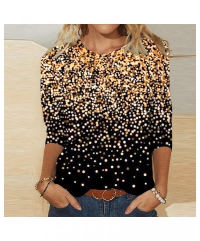 Womens Sparkle Sequin 3/4 Sleeve Top 2024 Spring Trendy Shirts Glitter Print Round Neck Tshirts Fashion Tunic Tops 02 lightni...